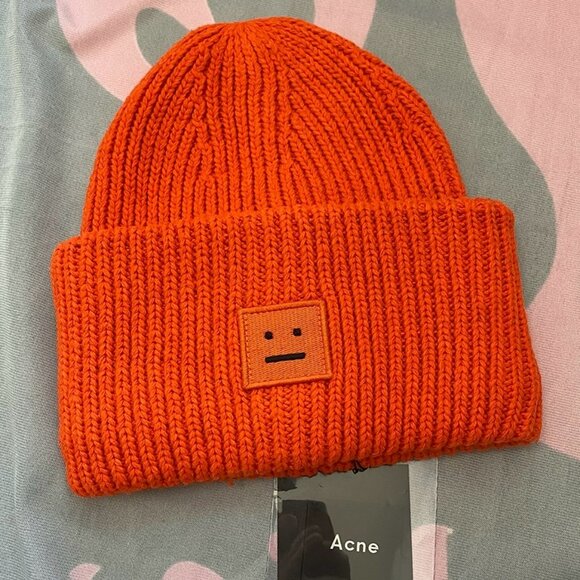 Acne Square Embroidered Face Orange Knitted Hat - Picture 1 of 6